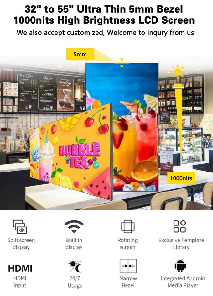 32~55 ιντσών Super Slim wifi Loop LCD Video Wall 1000nit Splice για εμπορικά κέντρα Wayfinding Ψηφιακή σήμανση οθόνης τοίχος 0